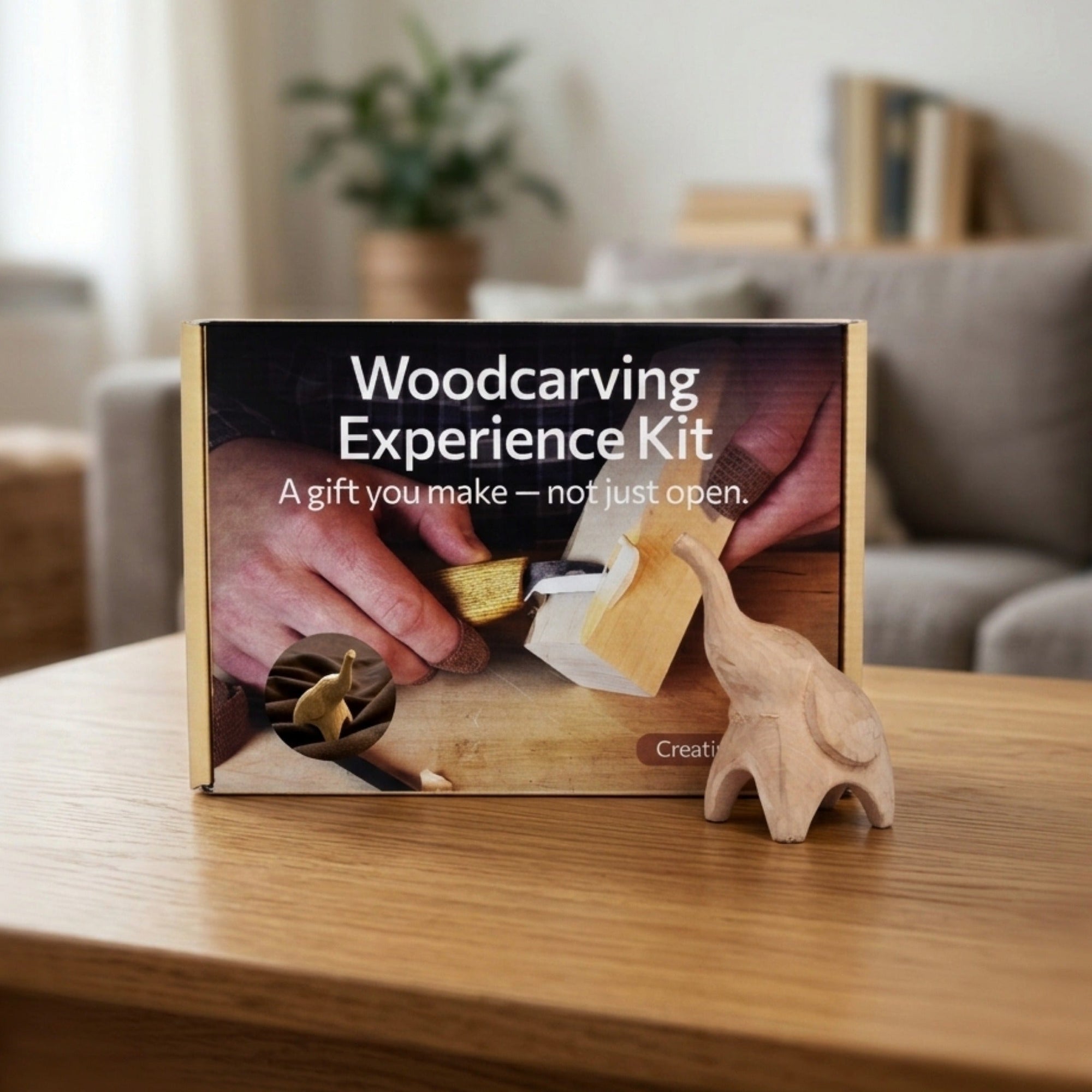 Elephant Carving Kit with hand-forged knife, wood blocks, sandpaper, sharpening board, pencil, and elephant drawing