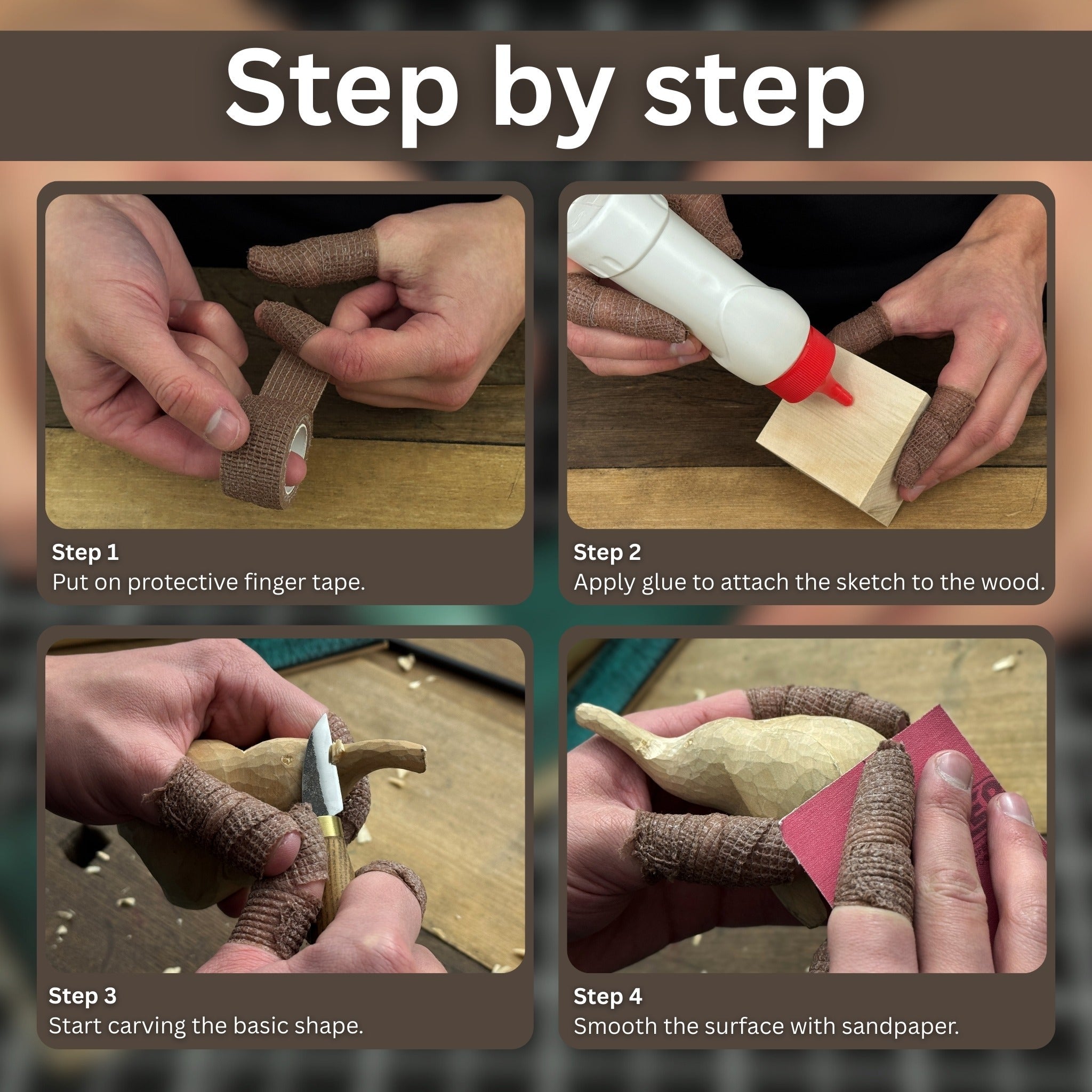 Elephant Carving Kit with hand-forged knife, wood blocks, sandpaper, sharpening board, pencil, and elephant drawing