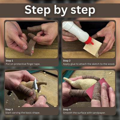 Elephant Carving Kit with hand-forged knife, wood blocks, sandpaper, sharpening board, pencil, and elephant drawing