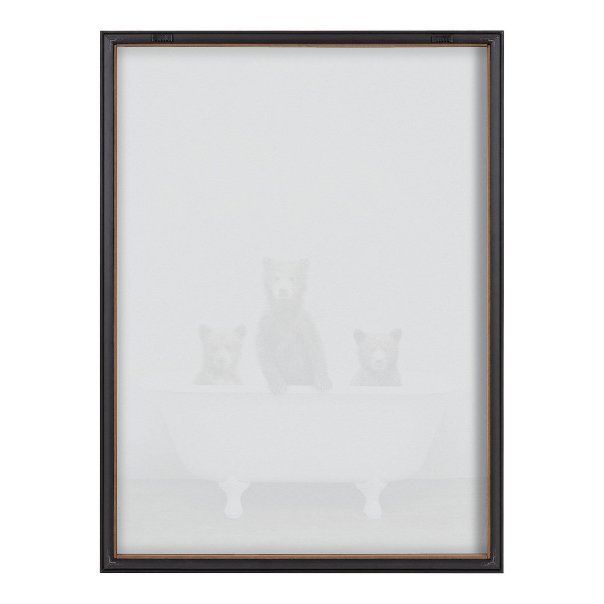 Faint image of three light brown bears sitting in a white vintage clawfoot bathtub against a pale background, enclosed in a dark brown rectangular frame.