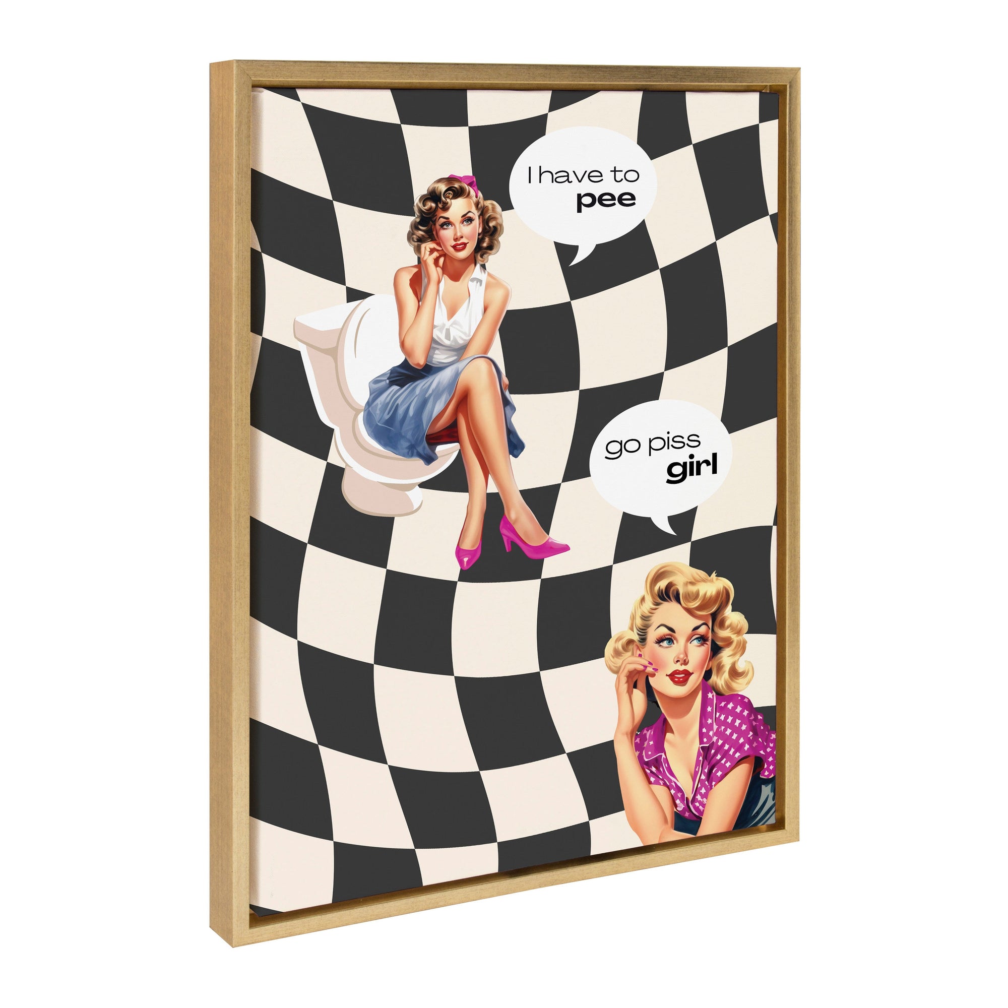 Sylvie Go Piss Girl black framed canvas art featuring bright gold lettering on black background
