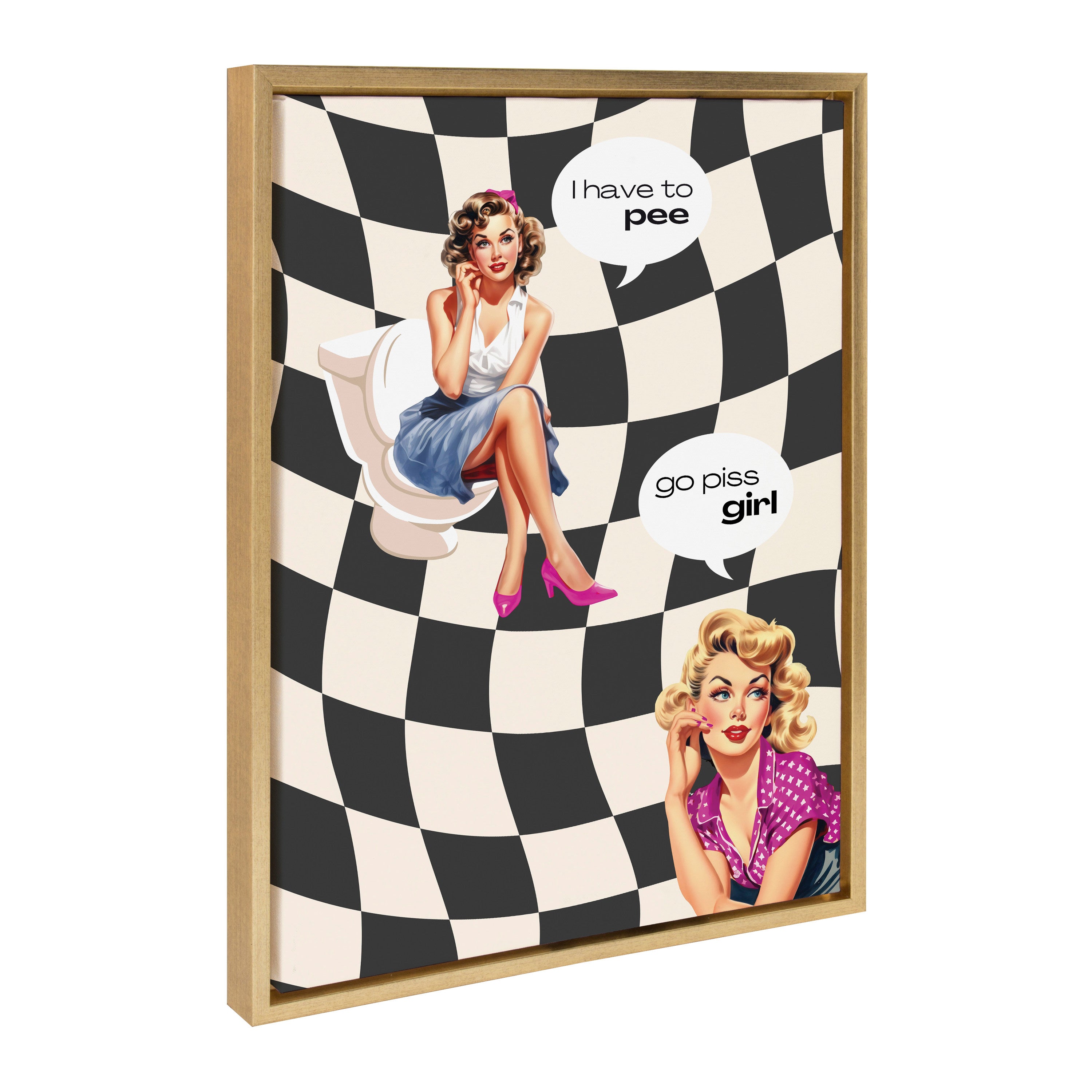 Sylvie Go Piss Girl black framed canvas art featuring bright gold lettering on black background
