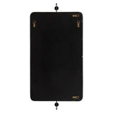 Rectangular black metal back panel with rounded corners and four brass mounting brackets at corners, attached to a vertical support bar.