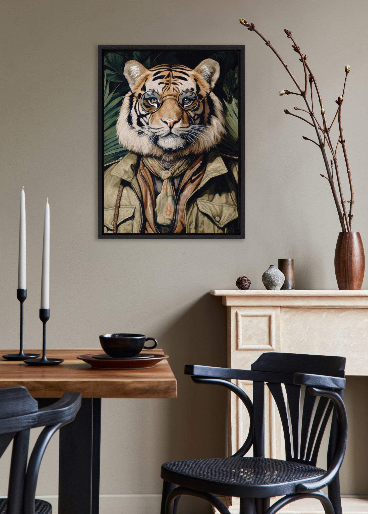 Sylvie Dark Academia Jungle Safari Tiger Framed Canvas by The Creative Bunch Studio
