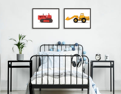 Sylvie Vintage Toy Bulldozer Red and Vintage Toy Front End Loader Yellow Framed Canvas Art Set by Saint and Sailor Studios