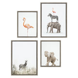 Framed canvas art set depicting zebra in tall grass, flamingo standing, baby elephant walking, and stacked safari animals