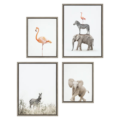 Framed canvas art set depicting zebra in tall grass, flamingo standing, baby elephant walking, and stacked safari animals