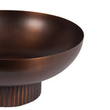 Dark bronze metal bowl with smooth curved rim and ribbed cylindrical base, shown in close-up against a white background.