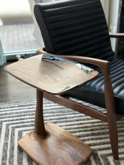 C-shaped luxury resin end table made of solid walnut wood with clear epoxy resin finish