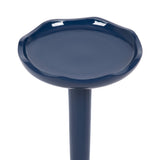 Small round side table with a wavy-edged top and cylindrical pedestal base, both in glossy deep navy blue finish, shown against a white background.