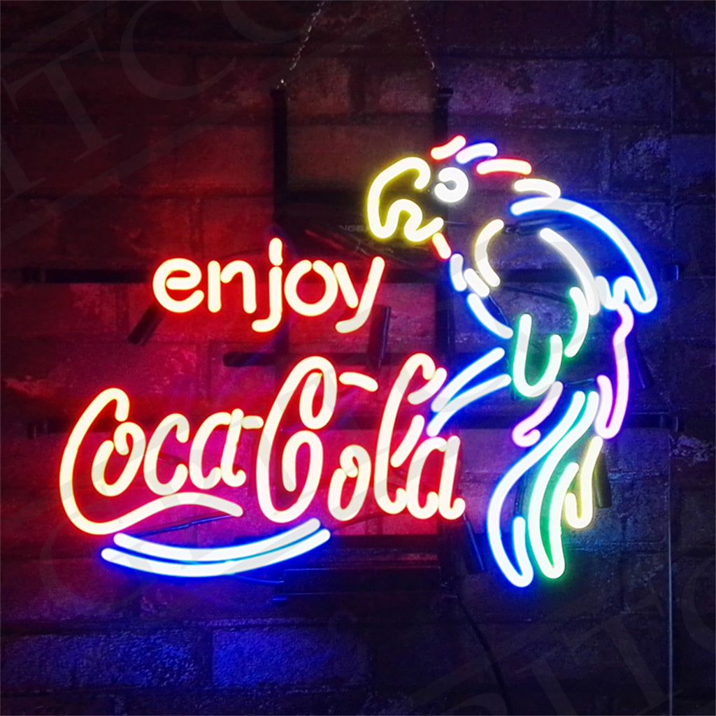 Enjoy Coca Cola with Parrot Neon Signs Light showing parrot and Coca Cola logo on metal grid backing
