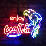 Enjoy Coca Cola with Parrot Neon Signs Light showing parrot and Coca Cola logo on metal grid backing