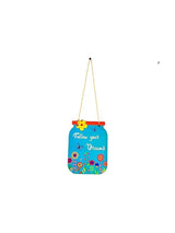 Small rectangular wooden sign with blue background, decorated with colorful flowers, bees, and the text 'Follow your Dreams' in white, hanging by a rope.