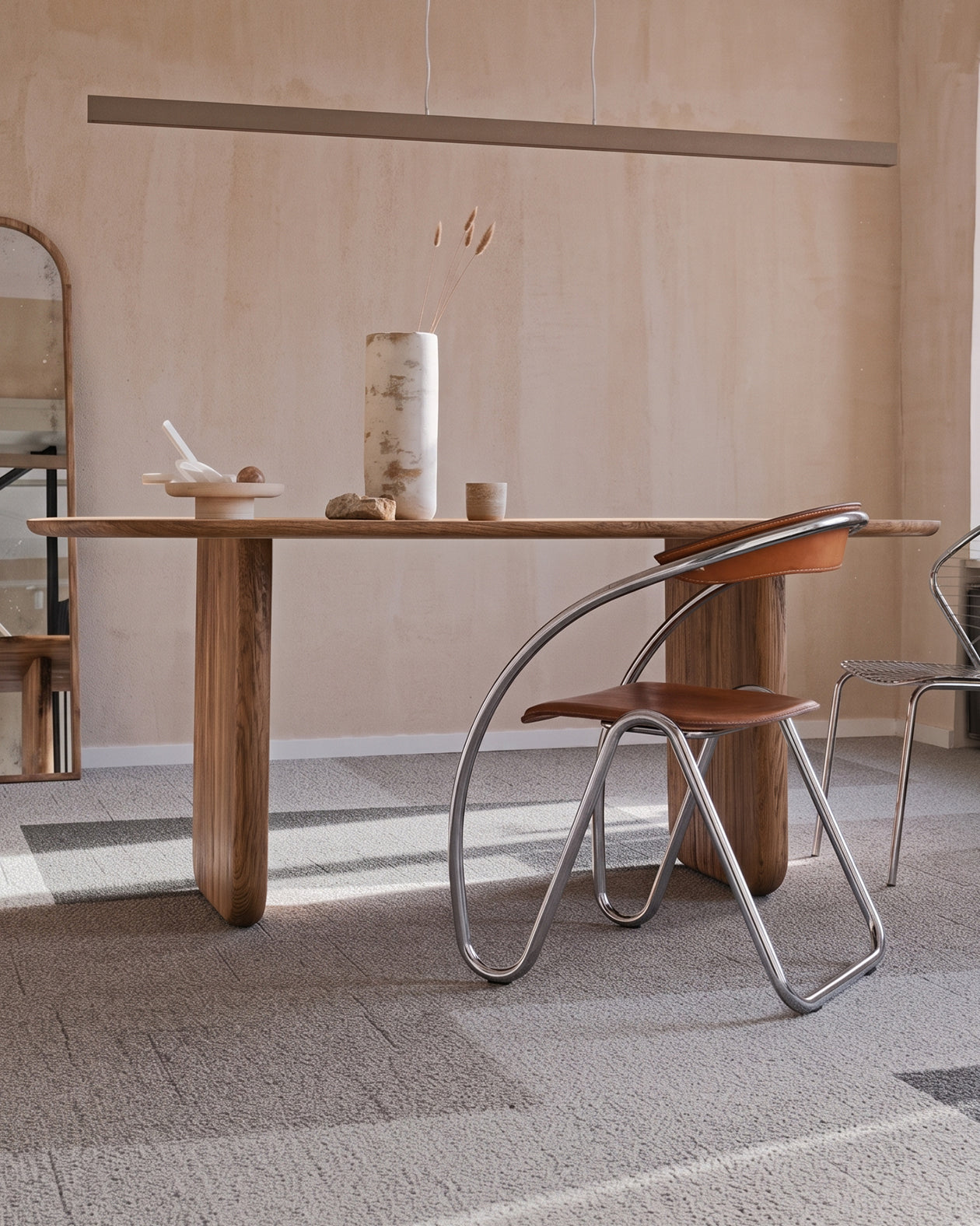 Oval solid wood dining table with chestnut wood finish and custom solid wood legs