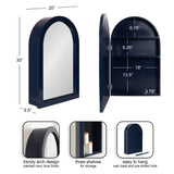 Navy blue arch-shaped wall cabinet with mirror front, three internal shelves, and dimensions labeled for height, width, and depth.