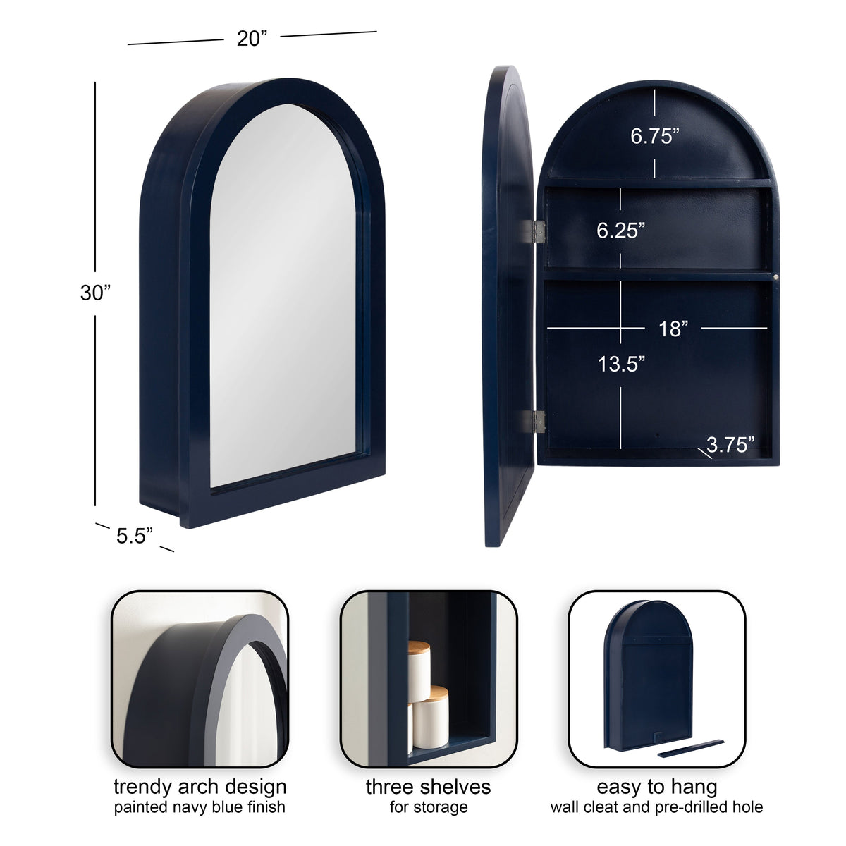 Navy blue arch-shaped wall cabinet with mirror front, three internal shelves, and dimensions labeled for height, width, and depth.