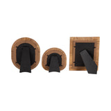 Back view of three tabletop picture frames with bentwood edges and black easel stands, including one square and two oval frames of varying sizes.