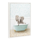 Framed canvas art of baby elephant in little fish bath with vintage beaded frame by Amy Peterson