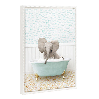 Framed canvas art of baby elephant in little fish bath with vintage beaded frame by Amy Peterson