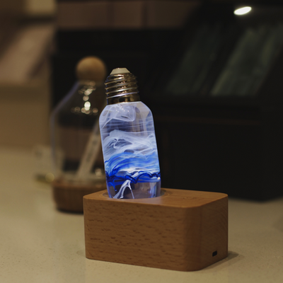 EP Light Blue Decorative Resin LED Lamp with wooden base
