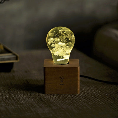 Hydrangea Flower Resin LED Light Bulb with wooden base showing yellow flower design