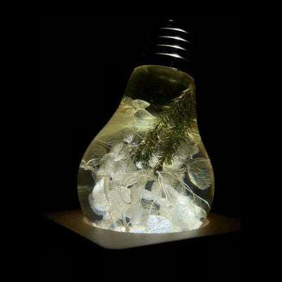 Hydrangea Flower Resin LED Light Bulb with wooden base showing yellow flower design