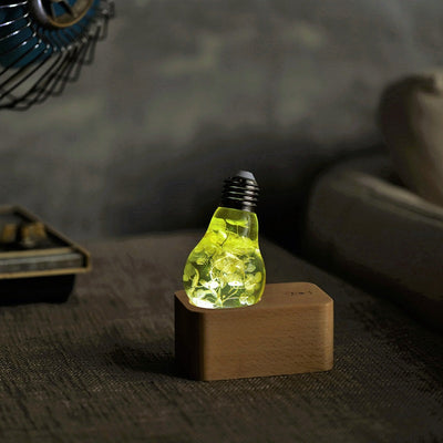Hydrangea Flower Resin LED Light Bulb with wooden base showing yellow flower design