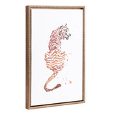 Minimalist tiger watercolor in shades of brown and rust with white negative space, framed in a gold beaded-edge frame, shown angled on white background.