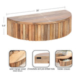 Half-round solid mango wood side table with vertical ribbed texture on curved edge, measuring 20" by 11" by 5.5", featuring hidden drawer and Z-bracket mounting