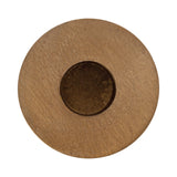 Top view of a circular brown wooden candle holder with a recessed dark circular center for holding a taper candle.
