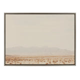 Faded desert landscape with sparse vegetation under a pale sky, framed with a thin gray border, depicting distant mountains in muted tones.