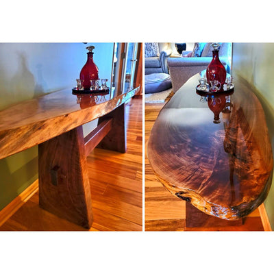 Clear epoxy resin coating on bar top and table surfaces