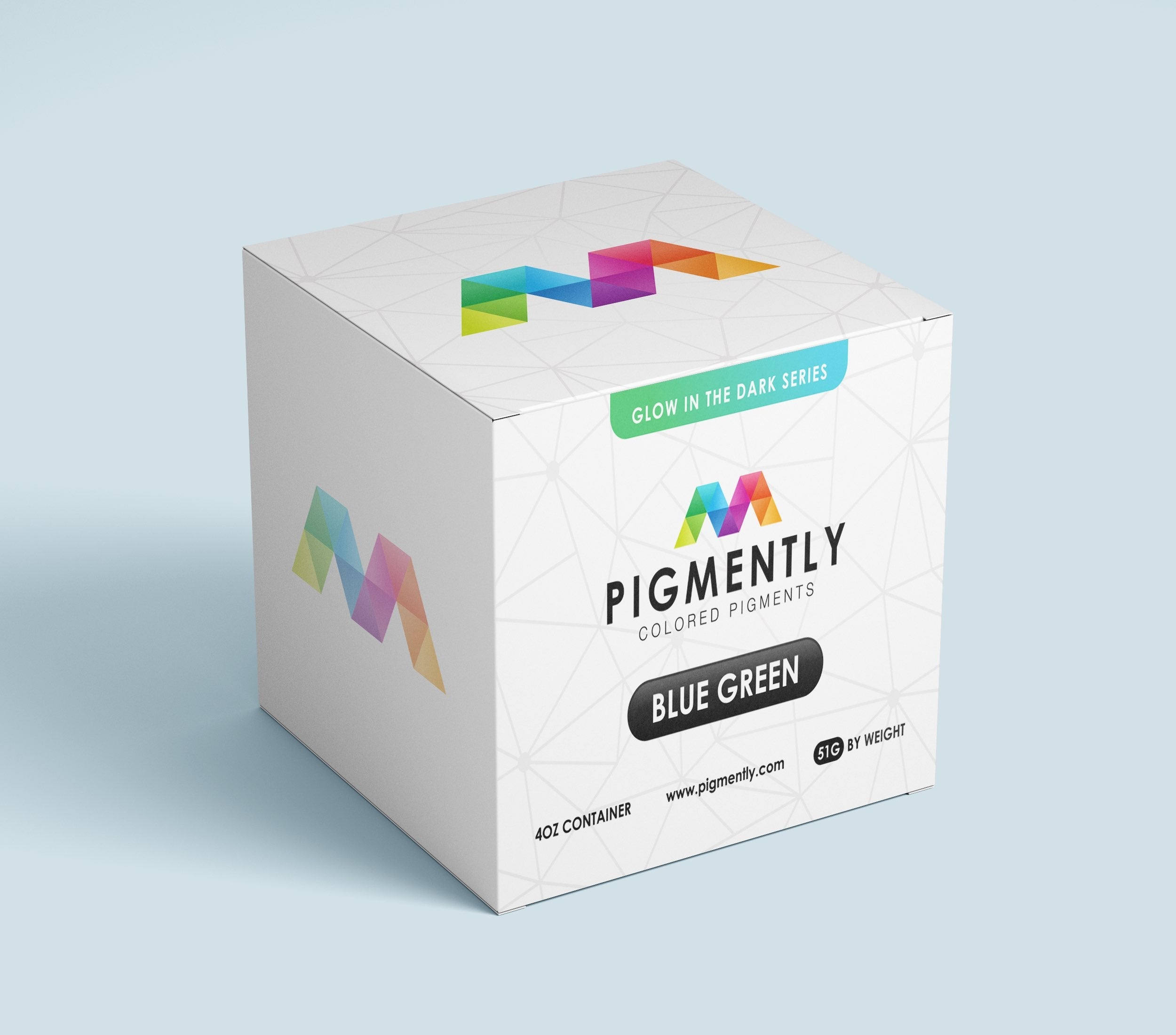 Box of Pigmently colored pigments with blue green label on a light gray background