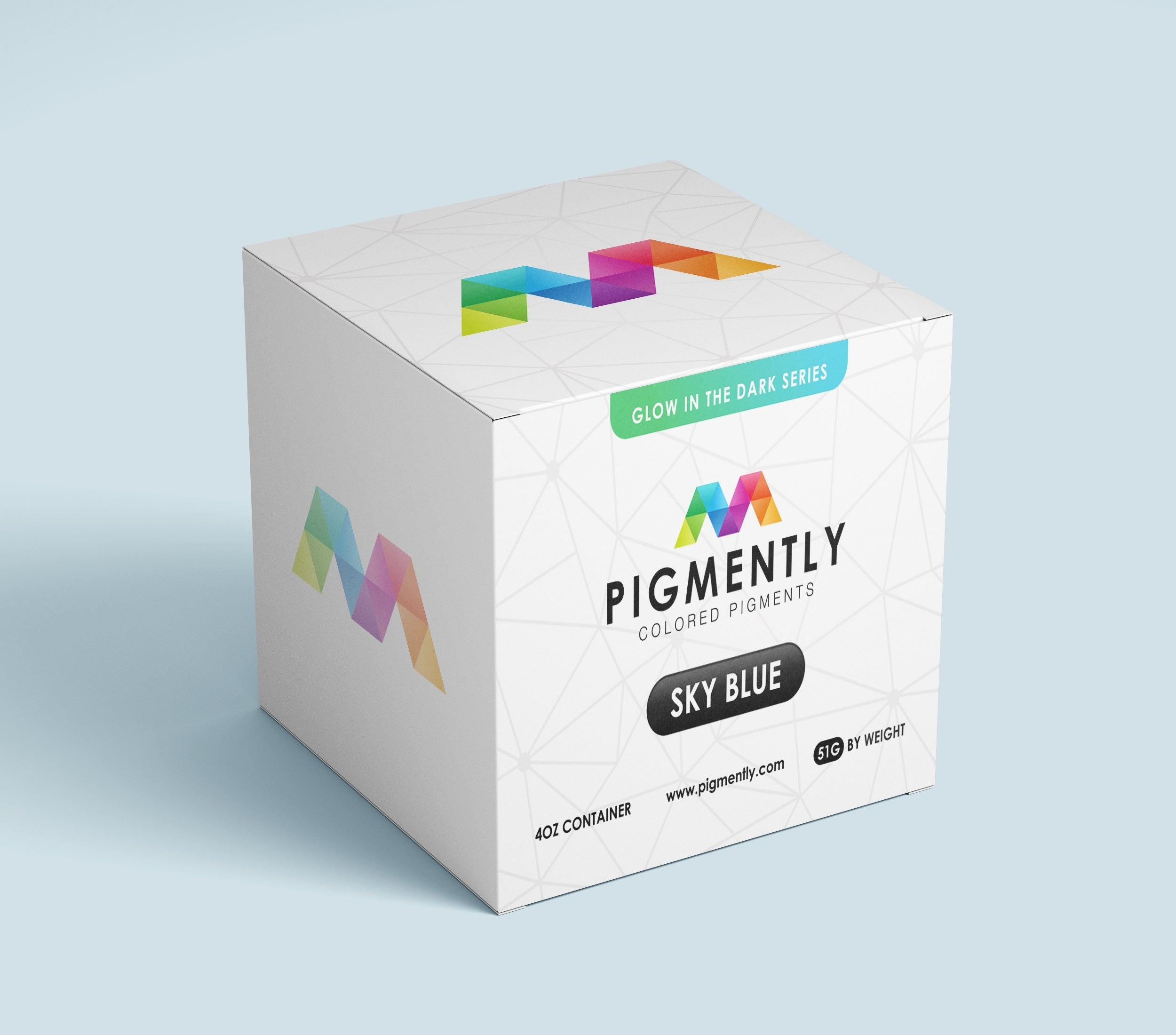 Box of Pigmently colored pigments with 'Sky Blue' label on a light gray background