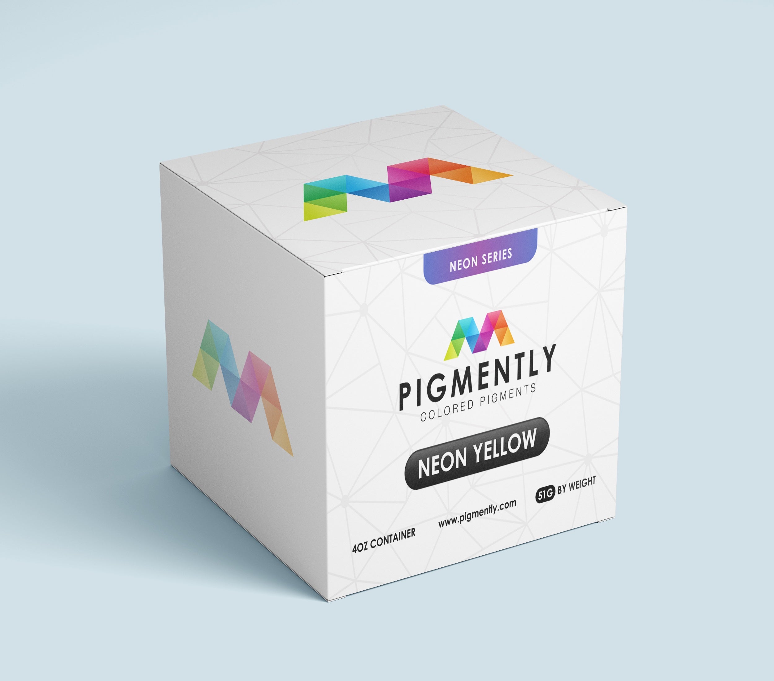 Box of Pigmently colored pigments with neon yellow label on a light gray background