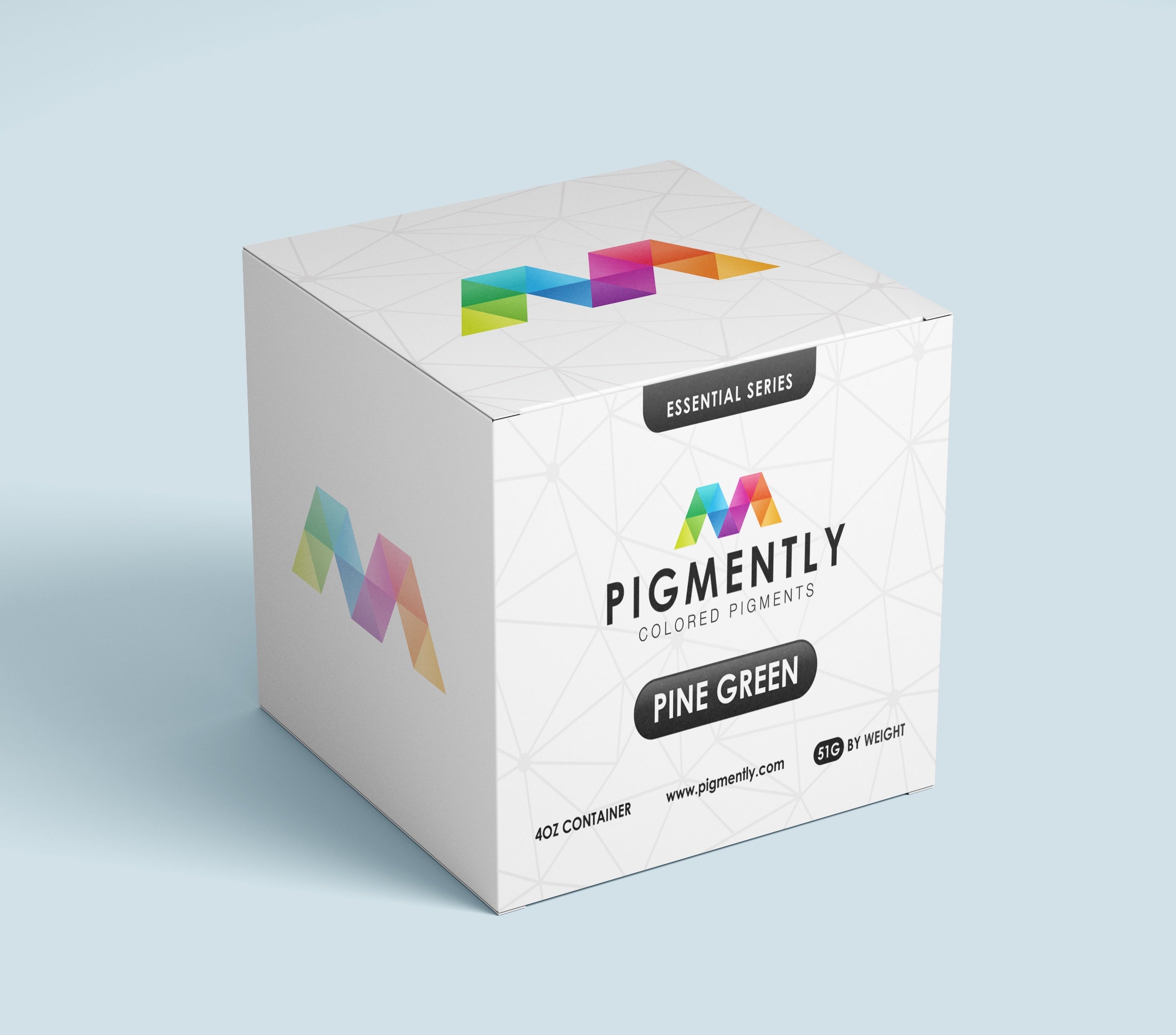 Box of Pigmently colored pigments with pine green label on a light blue background