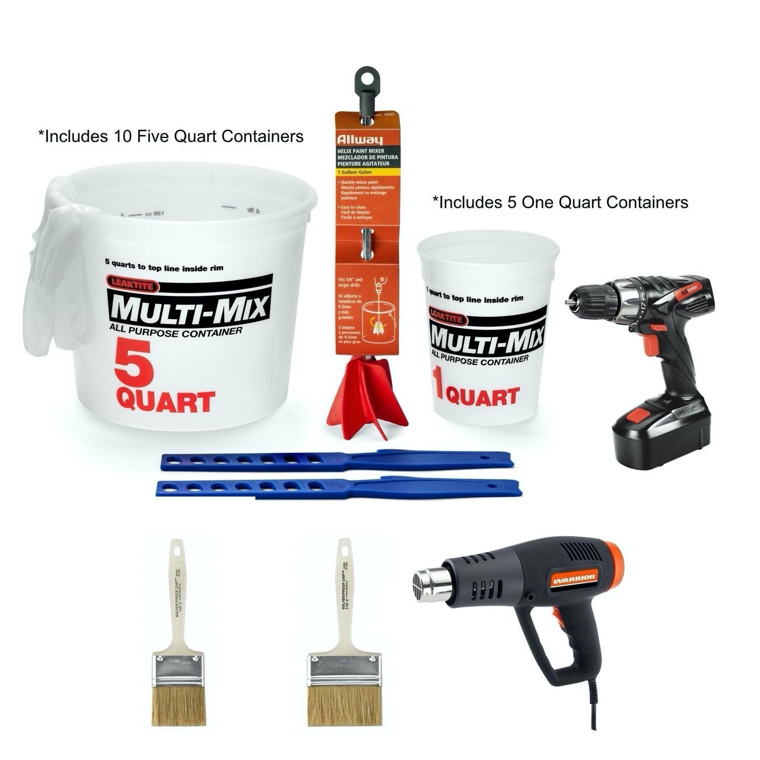 Premium Epoxy Tool Kit with drill, heat gun, mixing containers, gloves, and brushes