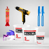 Epoxy Tool Kit including measuring containers, mixing drill bit, heat gun, mixing sticks, and gloves