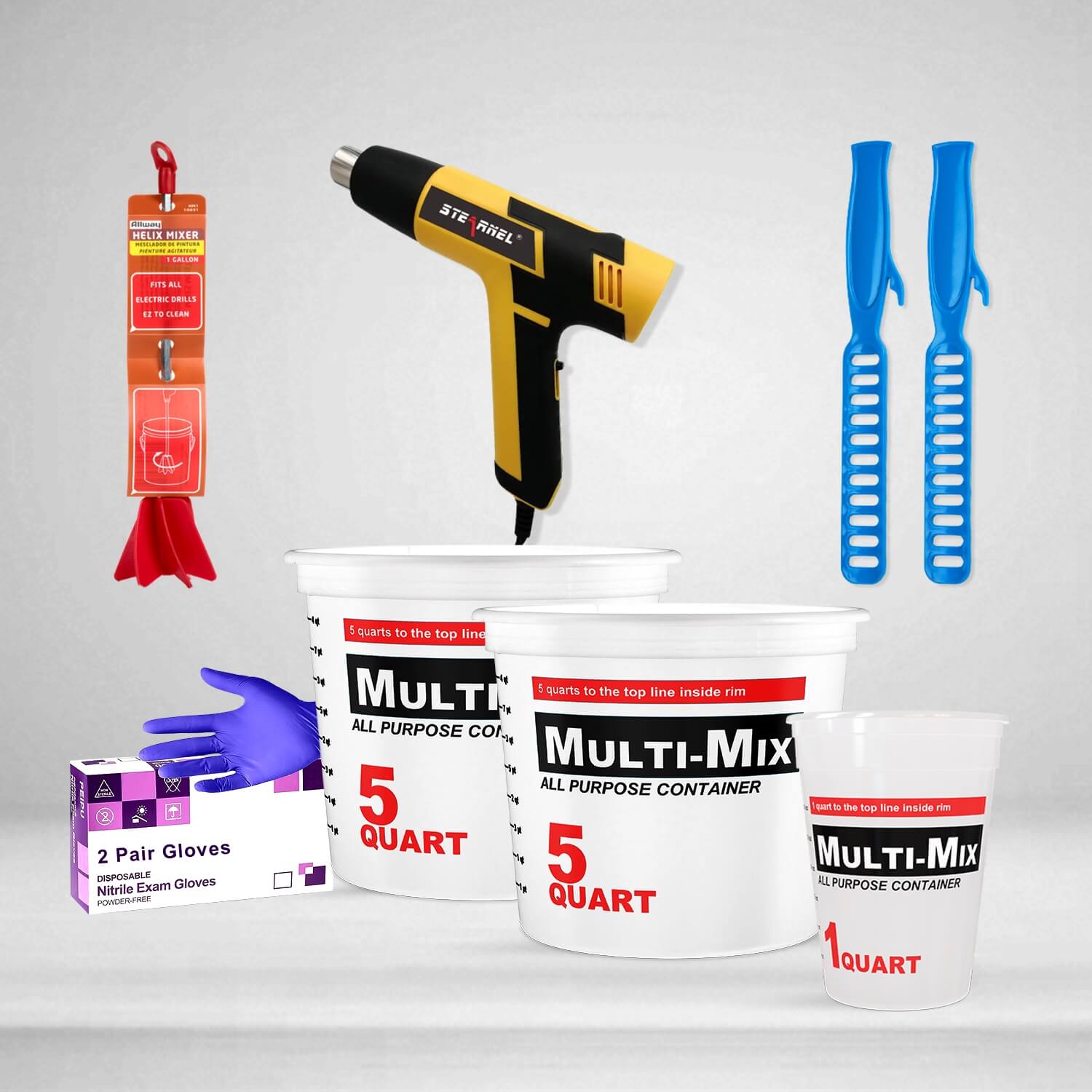 Epoxy Tool Kit including measuring containers, mixing drill bit, heat gun, mixing sticks, and gloves