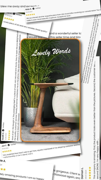 C-shaped luxury resin end table made of solid walnut wood with clear epoxy resin finish