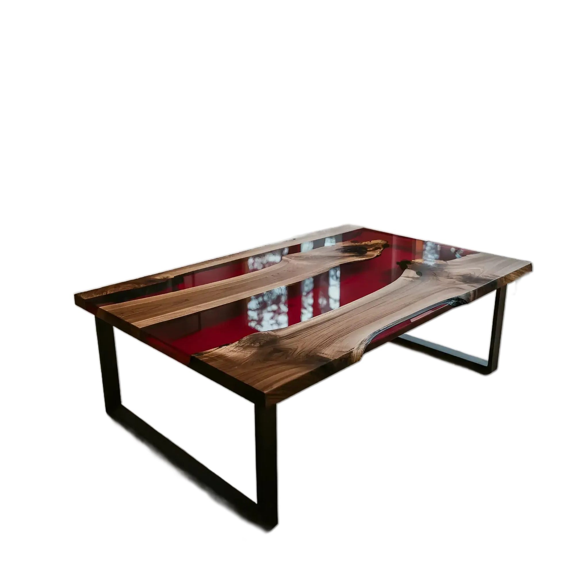 Handmade walnut and red epoxy resin coffee table with black metal legs, shown in a modern living room setting.