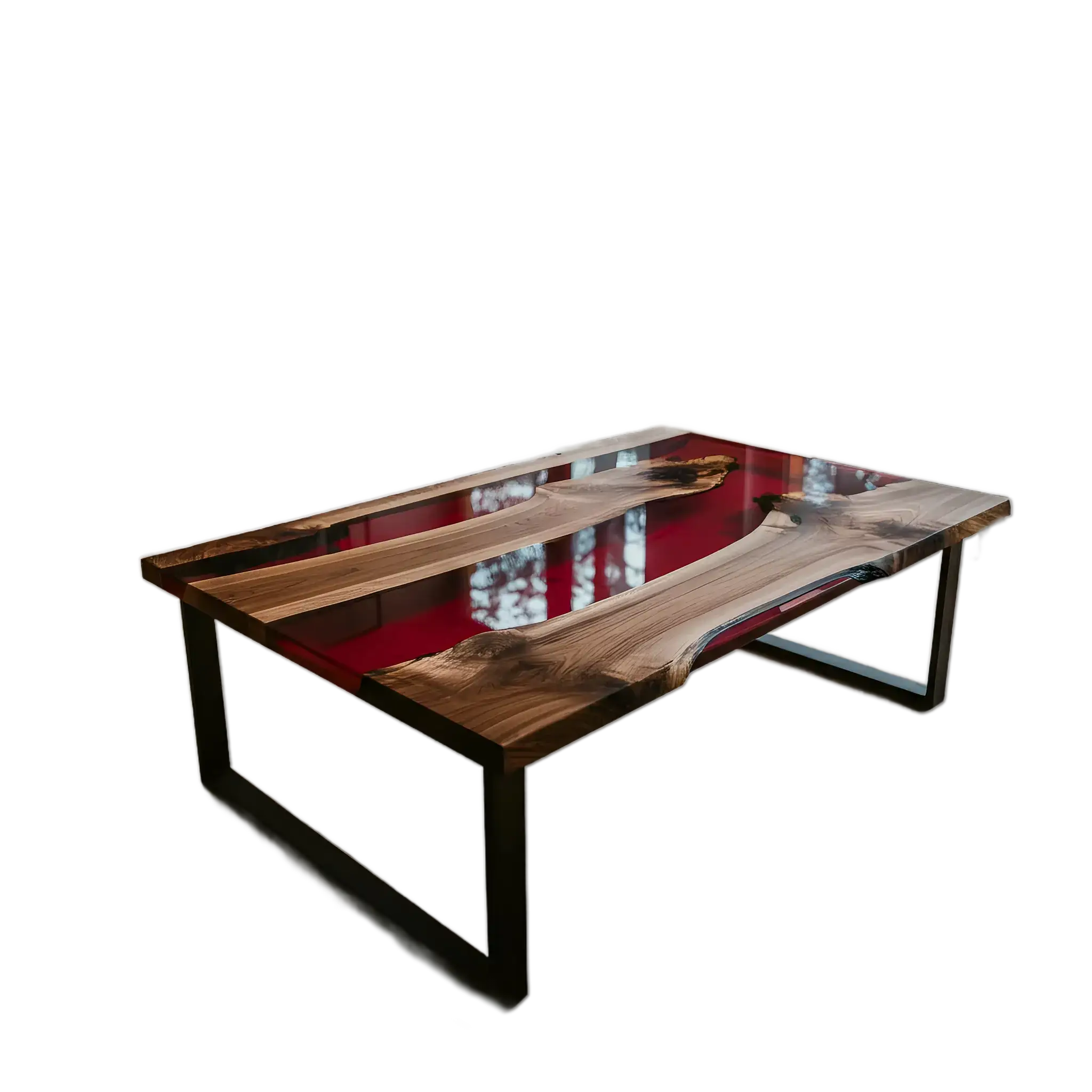 Custom epoxy coffee table with walnut wood and red resin, handmade in the USA. Modern accent table with black metal legs for living rooms.