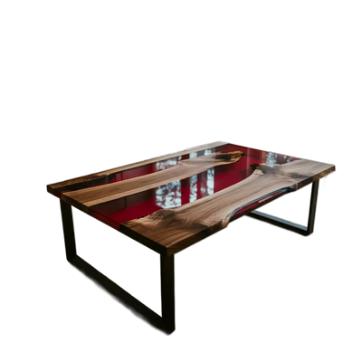 Handmade walnut and red epoxy resin coffee table with black metal legs, shown in a modern living room setting.