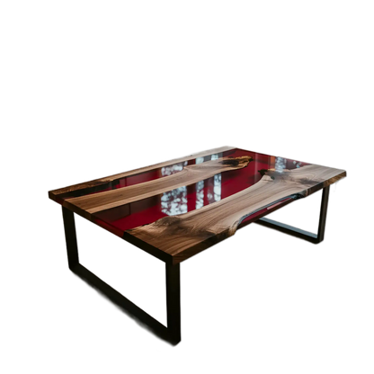 Custom epoxy coffee table with walnut wood and red resin, handmade in the USA. Modern accent table with black metal legs for living rooms.