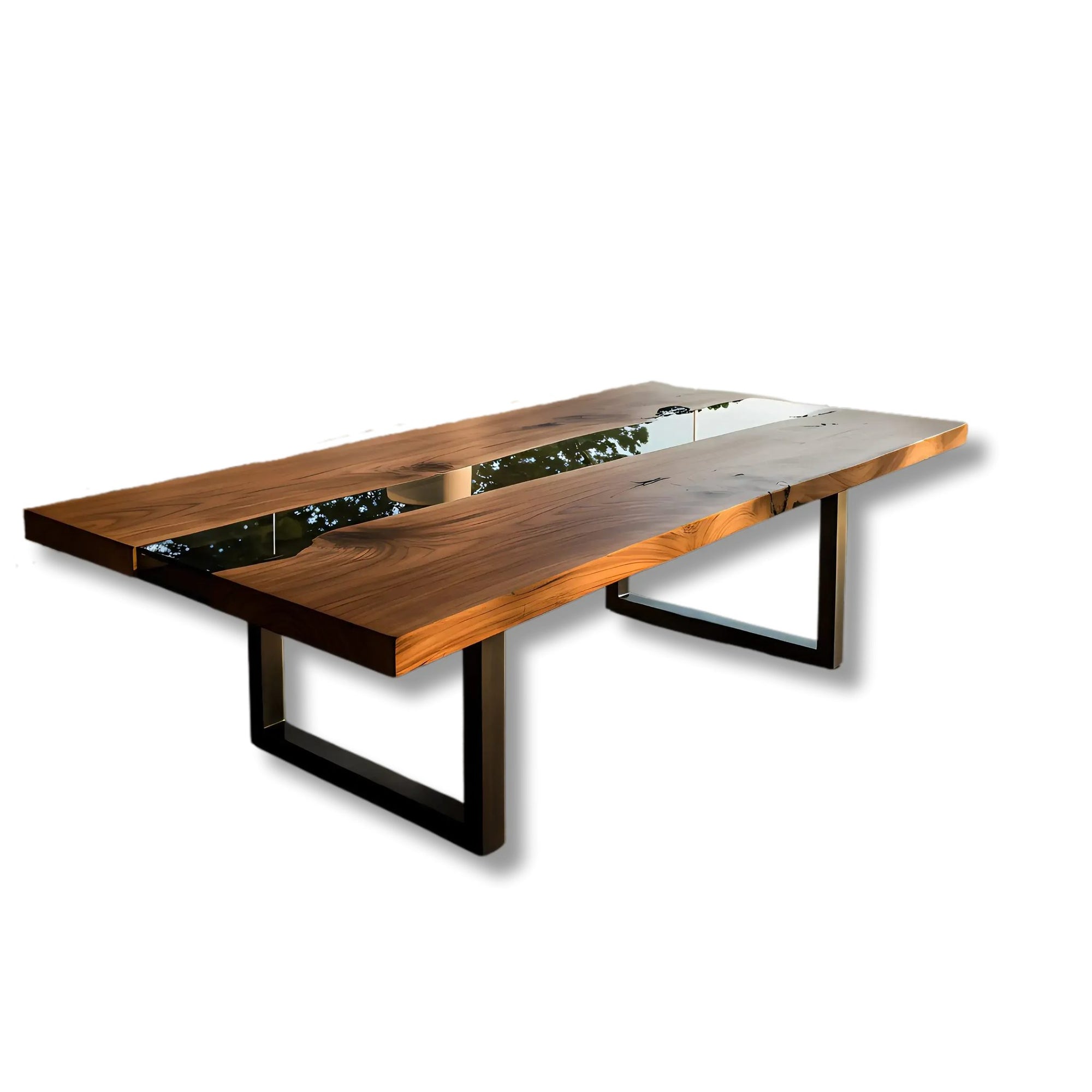 Custom epoxy coffee table with walnut wood and black resin, handmade in the USA.
Modern accent table with sleek metal legs for living rooms.