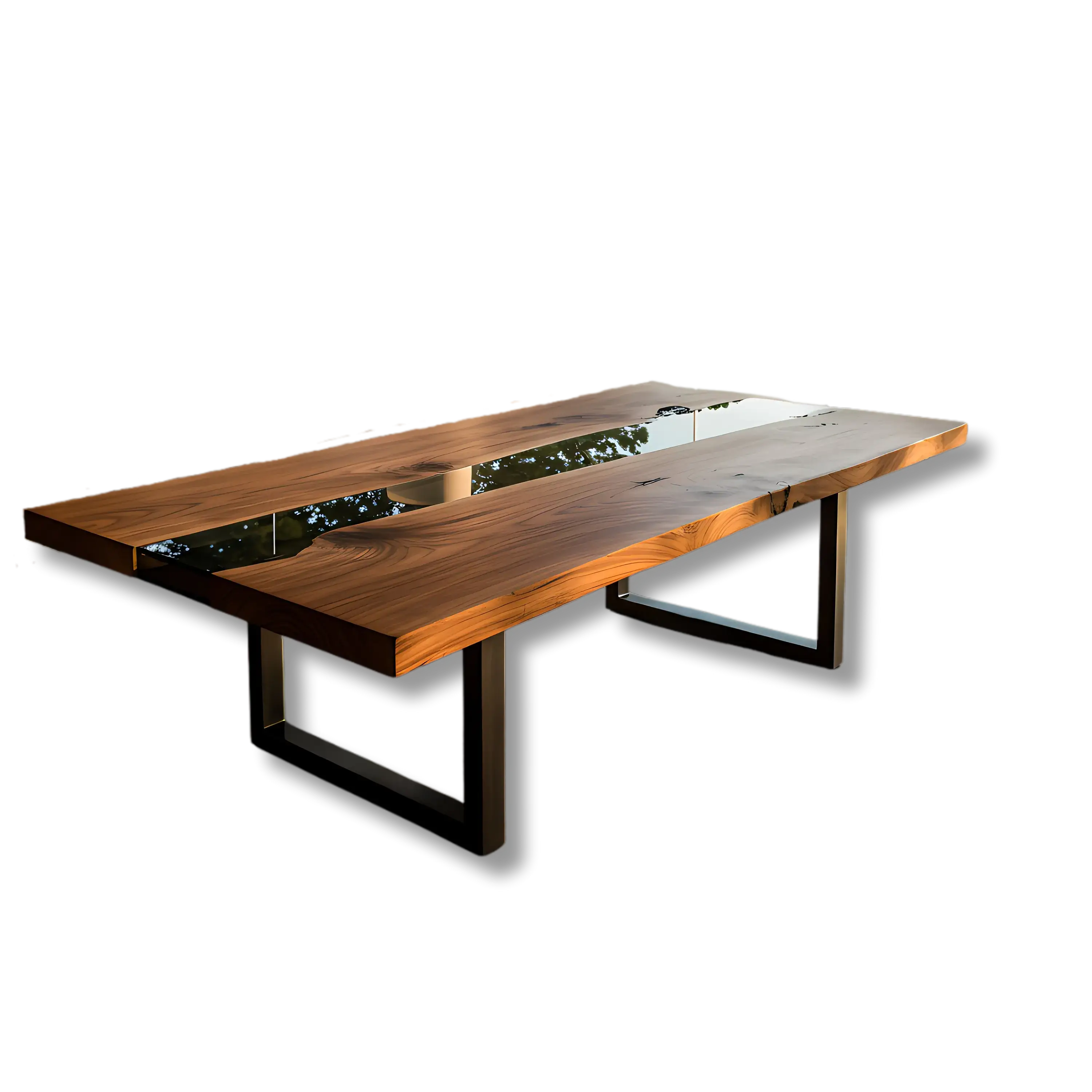 Custom epoxy coffee table with walnut wood and black resin, handmade in the USA. Modern accent table with sleek metal legs for living rooms.