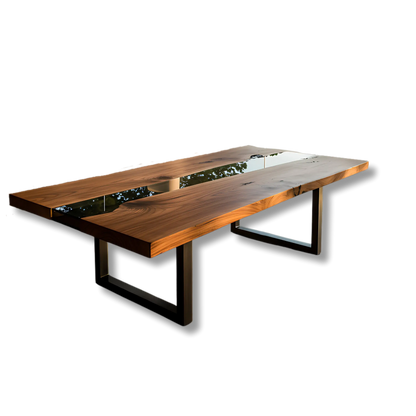 Custom epoxy coffee table with walnut wood and black resin, handmade in the USA. Modern accent table with sleek metal legs for living rooms.