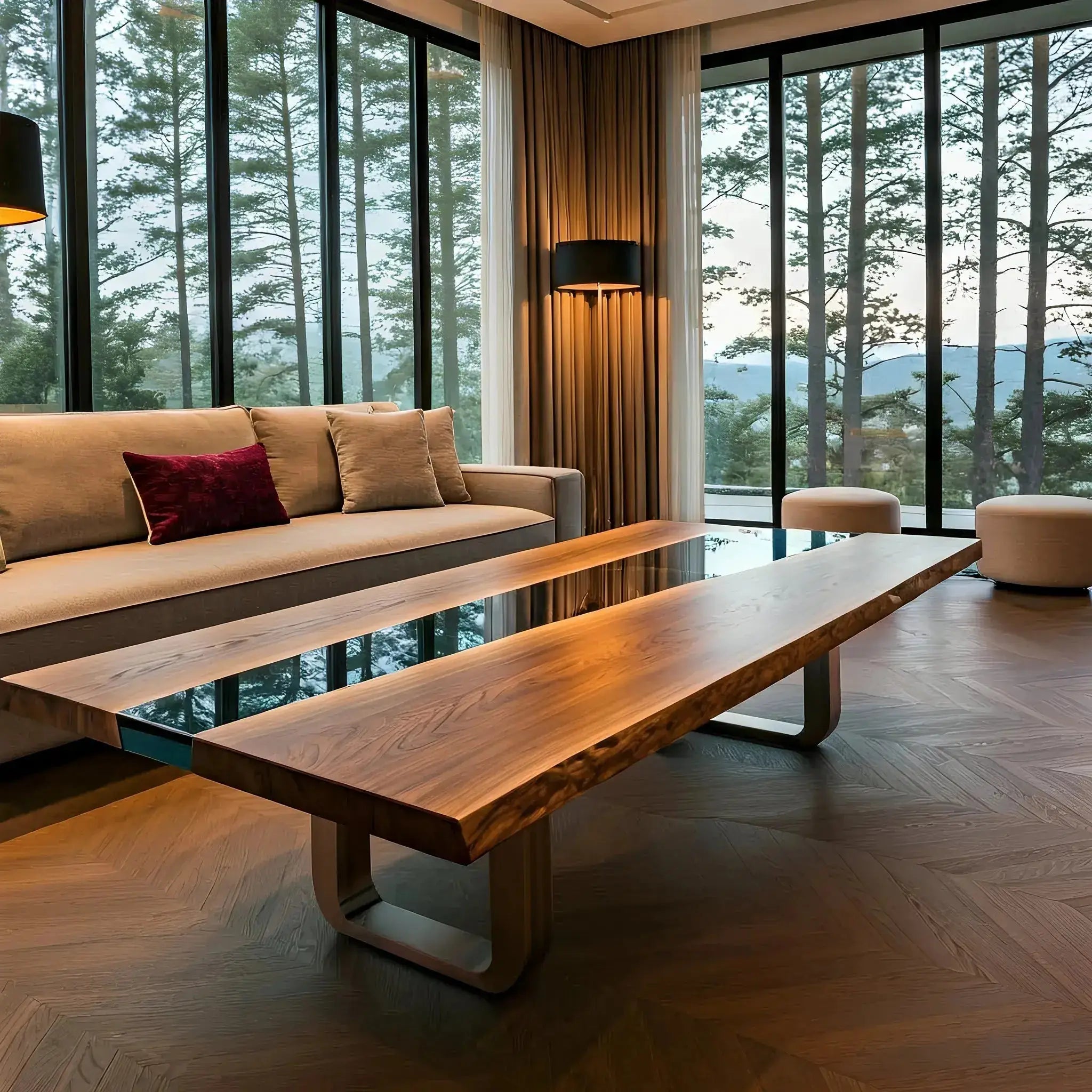 Custom handmade walnut and black resin coffee table in a modern living room. Epoxy table enhances luxury interiors with natural wood grain.
