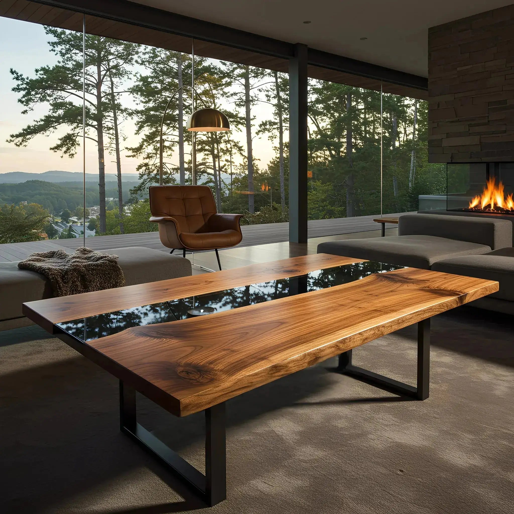 Walnut and obsidian resin epoxy coffee table in a contemporary living space. Handmade USA furniture piece with scenic outdoor view backdrop.