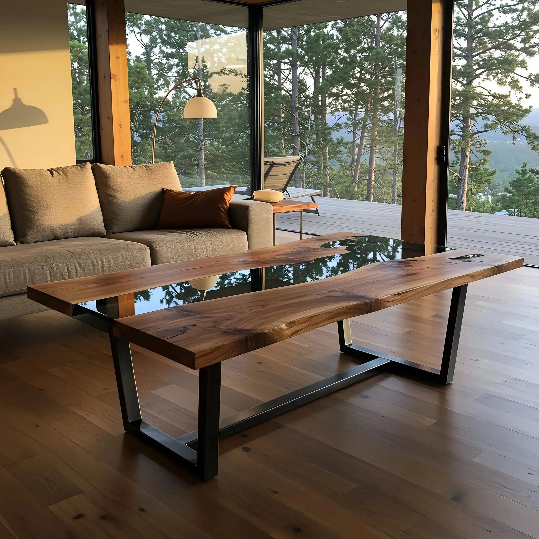 Custom epoxy coffee table with live edge walnut and black resin, set in a minimalist living room. Handmade USA furniture with metal base.